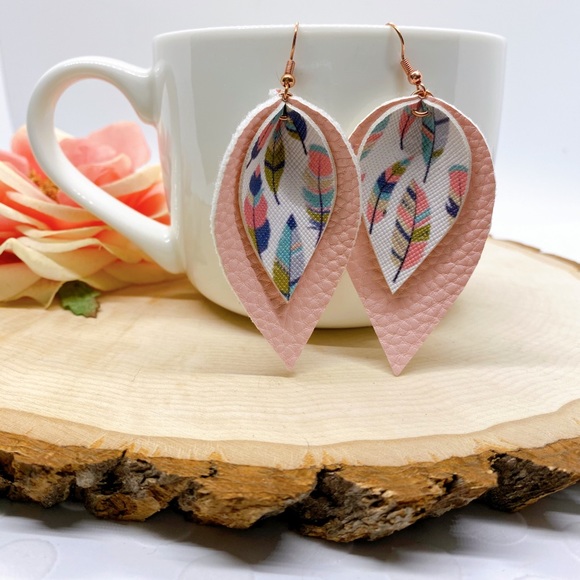Hand Crafted Jewelry - Pastel Feather Faux Leather Drop Earrings